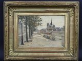 une peinture à l'huile représentant une scène de rue avec un banc et un lampadaire
