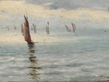 many sailboats in the water on a cloudy day