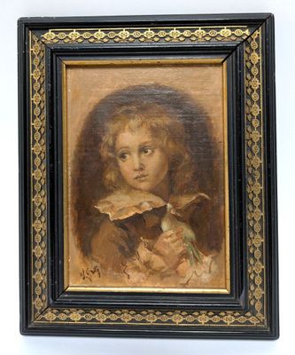 an old painting of a young girl with a bird in her hand