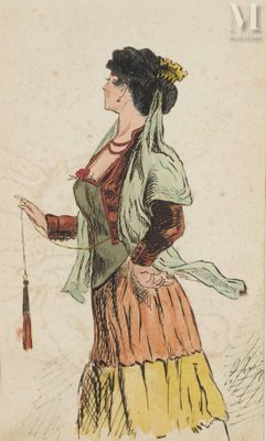 le dessin d'une femme en robe longue tenant un éventail