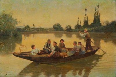 tableau représentant un groupe de personnes dans un bateau sur un lac