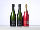 three bottles of champagne on a table with a white background