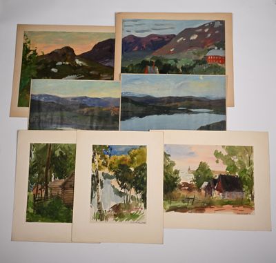 four watercolor paintings of mountains and a river in a room