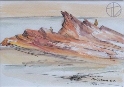 une aquarelle représentant un paysage désertique avec des rochers