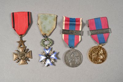 several medals are displayed on a table with a white background