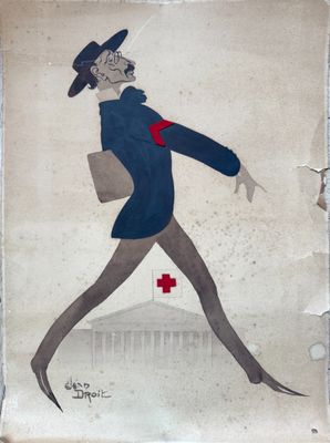 painting of a man in a blue coat and hat walking with a red cross on his chest