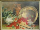 une peinture représentant une nature morte avec un bol de baies et une théière