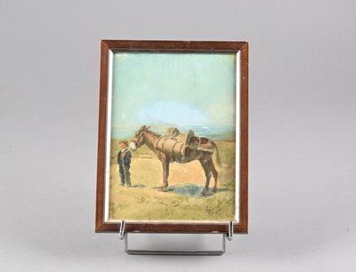painting of a man standing next to a horse in a field