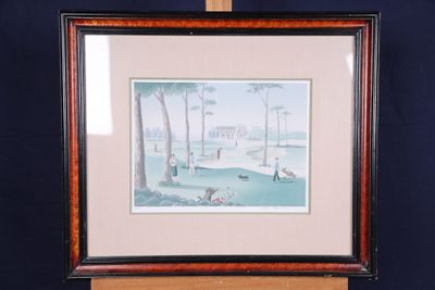 tableau représentant une scène de plage, encadré dans un cadre en bois