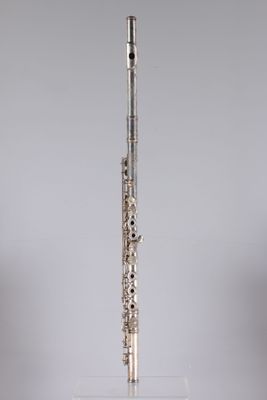 the flute is in a clear glass holder on a gray background