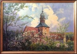 painting of a church with a steeple in a field of flowers