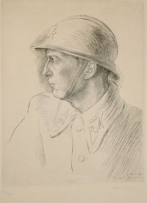 dessin représentant un homme en uniforme, coiffé d'un chapeau