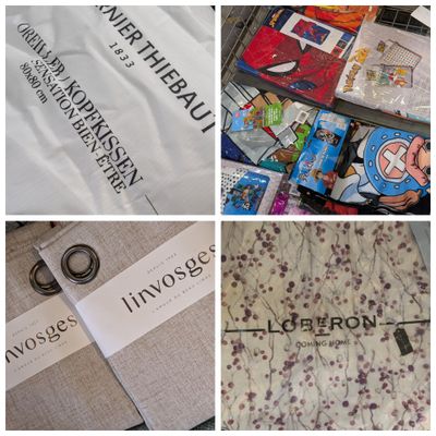 plusieurs photos représentant différents types de vêtements et des ciseaux posés sur une table
