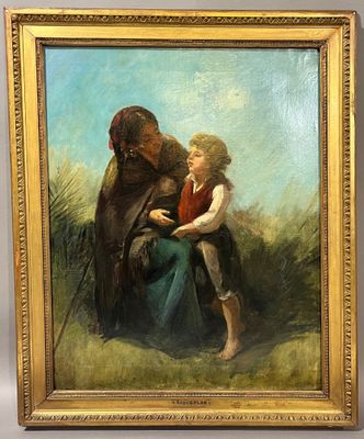 an oil painting of a woman holding a child in a field