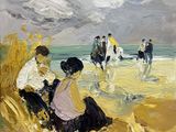 tableau représentant un groupe de personnes assises sur une plage au bord de la mer