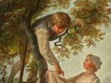 an image of a painting of a boy and a girl picking apples from a tree