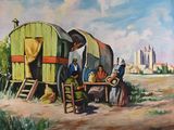a painting of a group of people sitting at a table in front of a covered wagon