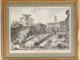 an old drawing of a courtyard with a clock tower in the background