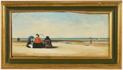 an image of a painting of people on the beach with umbrellas