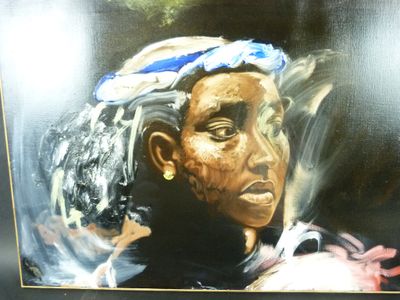 un tableau représentant une femme avec une plume sur la tête