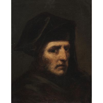 un tableau représentant un homme portant un chapeau noir et une robe noire