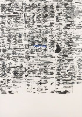 an image of a black and white drawing with a blue marker on it