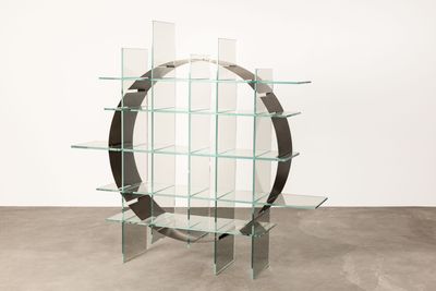 an image of a glass shelf with several shelves on it