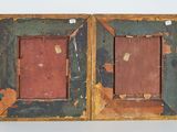 an old wooden picture frame with a red and green paint