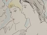 drawing of a woman and a man in front of a cloud filled sky