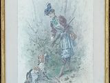 painting of a woman and a dog in a wooded area