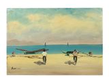 tableau représentant des personnes marchant sur la plage, avec des bateaux en arrière-plan