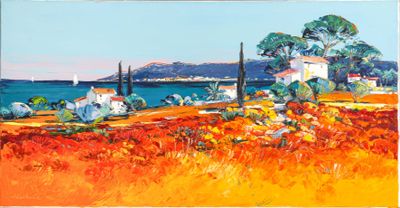 an image of a painting of a field with a house in the distance