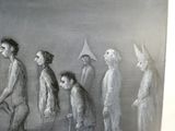 drawing of a group of people walking down a street with a dog