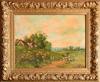 an oil painting of a farm scene in a gold frame
