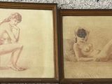 deux dessins encadrés représentant une femme assise sur un tabouret et un homme assis sur un tabouret