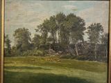 painting of sheep grazing in a field with trees in the background