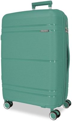 une valise verte à roulettes sur fond blanc