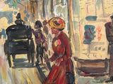 painting of a woman in a red dress and hat walking down a street