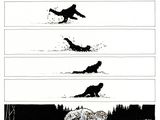 a black and white drawing of a group of cats running in the snow