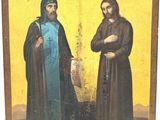 an old painting of two men in robes standing next to each other