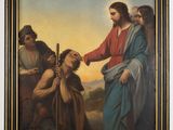 a painting of jesus is giving a woman something to him