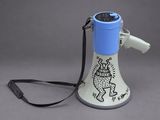 a white and blue megaphone with a black cord