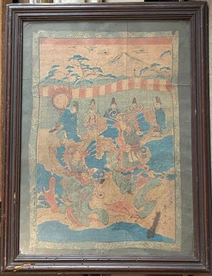 Estampe japonaise polychrome représentant des danseurs. (Pet…