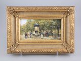 une peinture à l'huile représentant une scène de rue avec des personnages et une calèche