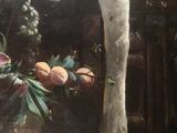 a painting of a swan with fruit and flowers on a table