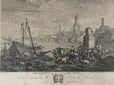 engraving of a view of a city with people on horseback and horses