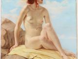 une image d'une peinture représentant une femme assise sur un rocher