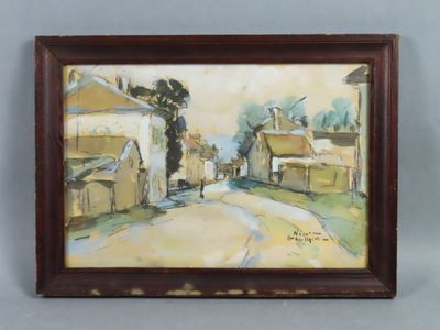 an oil painting of a street with houses and trees in the background