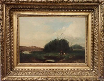 une image représentant un tableau de paysage avec une rivière au premier plan et un oiseau volant au loin