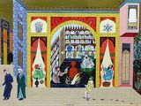 painting of a painting of people in front of a building